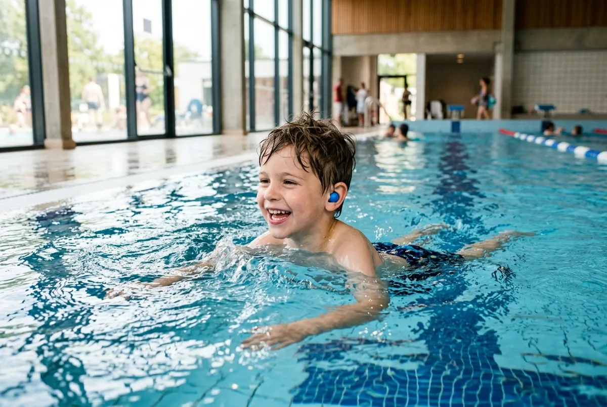 Enfant nageant en piscine avec des embouts anti-eau